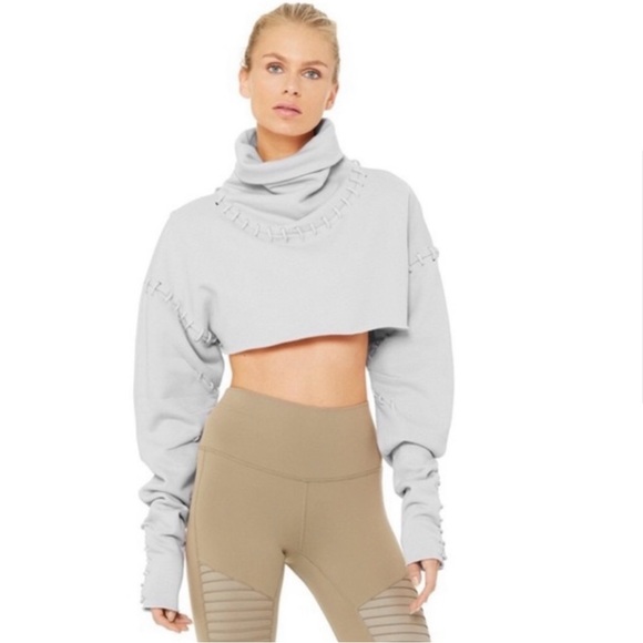 ALO Yoga Splice Long Sleeve Crop Sweatshirt Dove Gray Cropped Lace